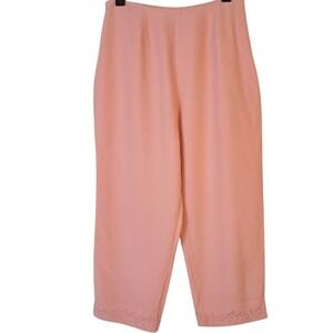 DRESSBARN L Peach Pink Linen Silk Pants‎ Cropped Embroidered Hem Lightweight